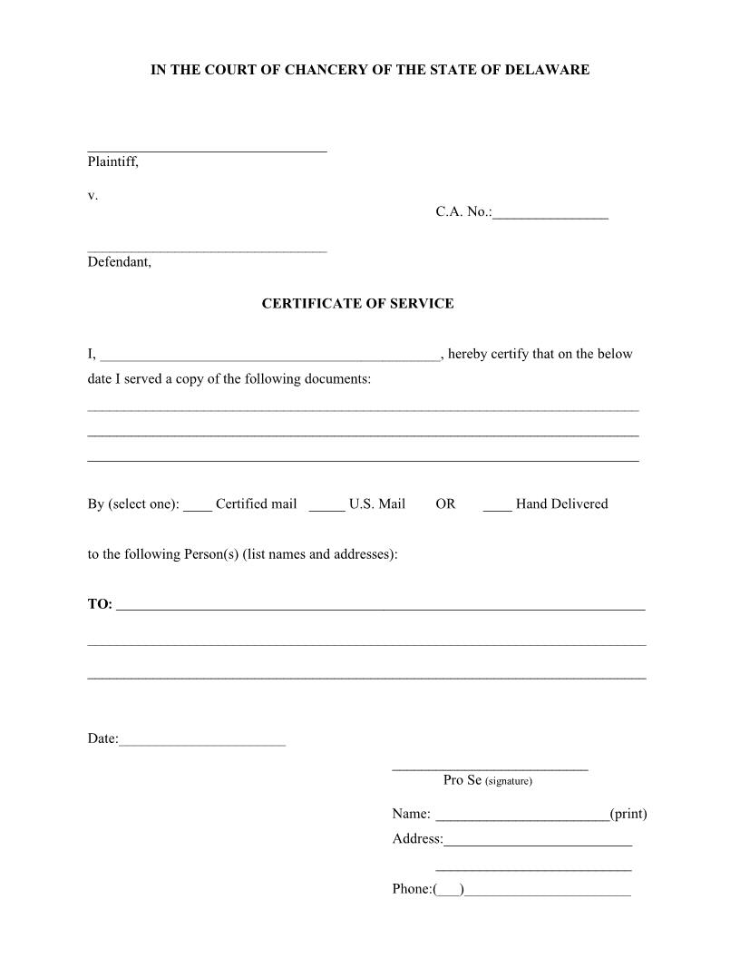 Civil Action Pro Se Certificate Of Service Delivery-Mailing Form {CA COS Form} | Pdf Fpdf Docx | Delaware