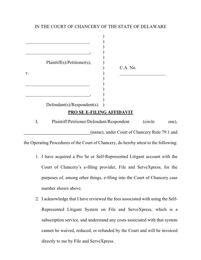 Civil Action Pro Se E-Filing Affidavit {CA Efile Aff} | Pdf Fpdf Docx | Delaware