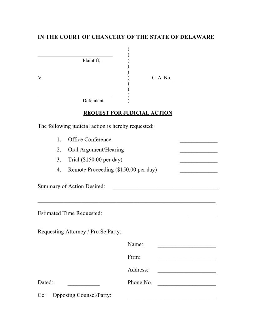 Civil Action Request For Judicial Action Form {CA RJA} | Pdf Fpdf Docx | Delaware