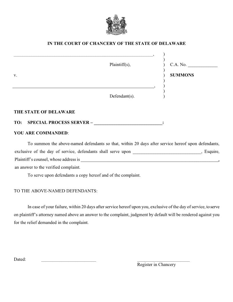 Civil Action Summons Form Using Special Process Server {CA SMS Form} | Pdf Fpdf Docx | Delaware