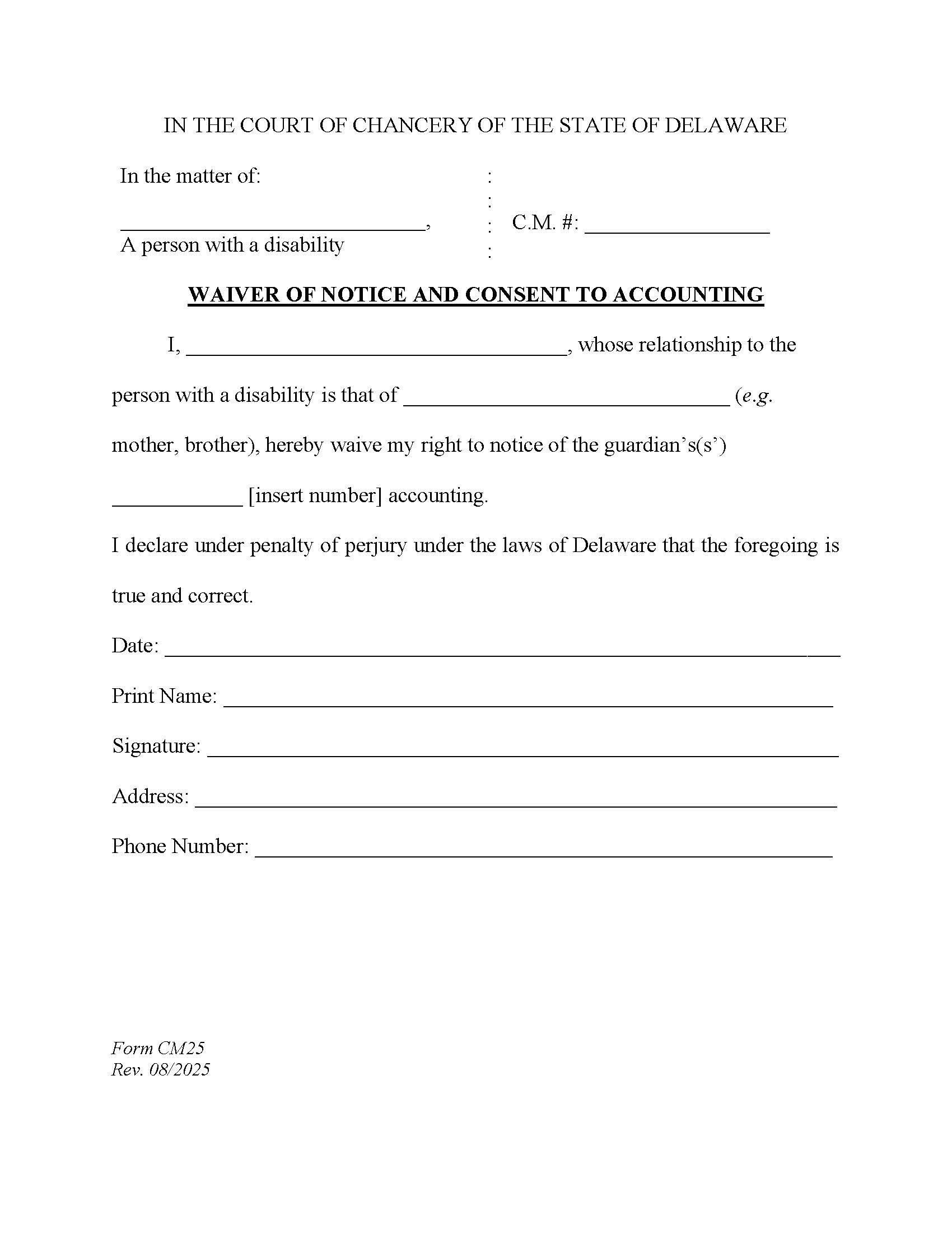 Consent Of Interested Party To Guardians Accounting {CM25} | Pdf Fpdf Docx | Delaware