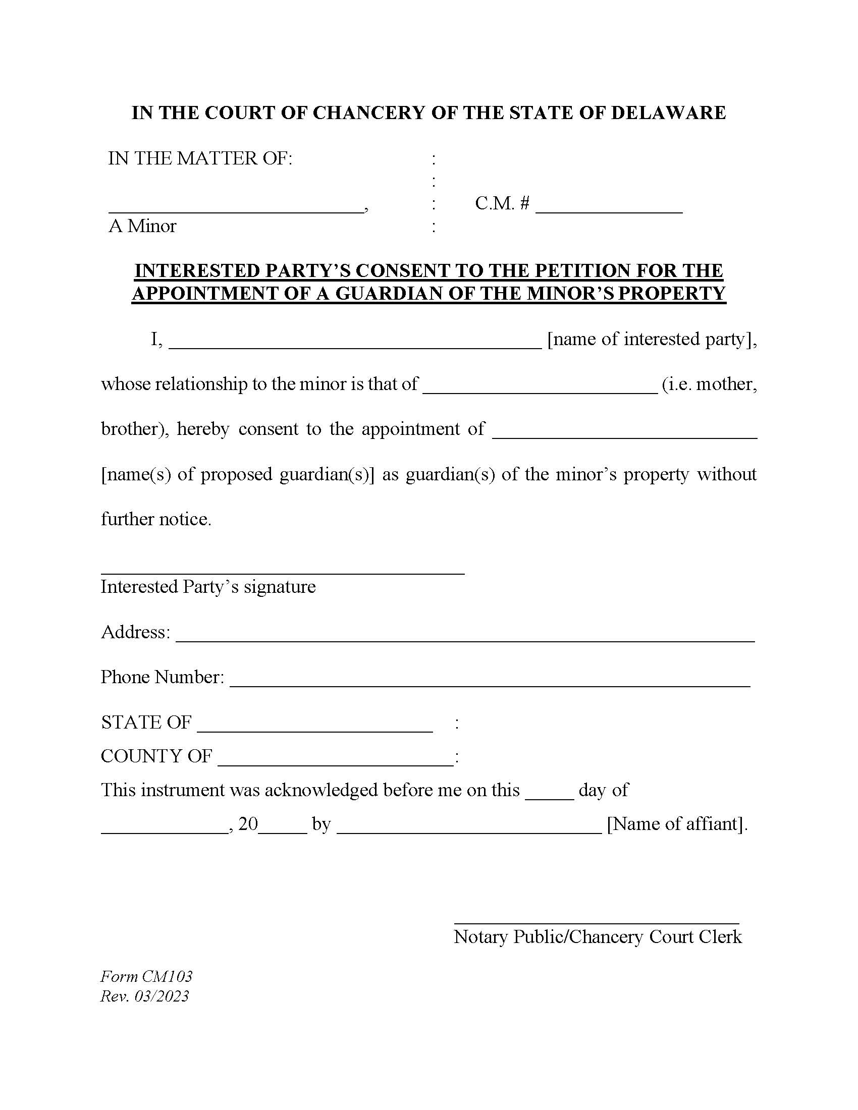 Consent Of Interested Party To Guardianship Of Minors Property {CM103} | Pdf Fpdf Docx | Delaware