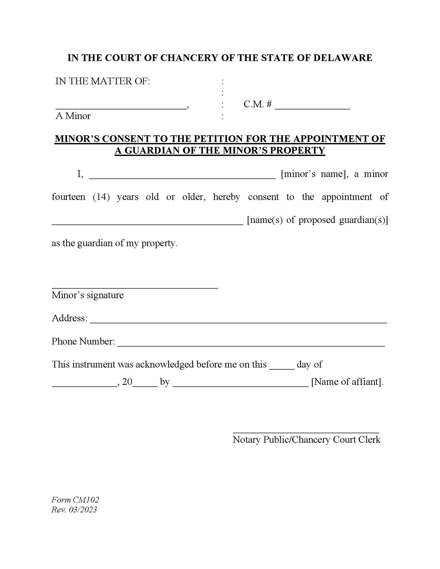 Consent Of Minor To Guardianship Of Minors Property {CM102} | Pdf Fpdf Docx | Delaware