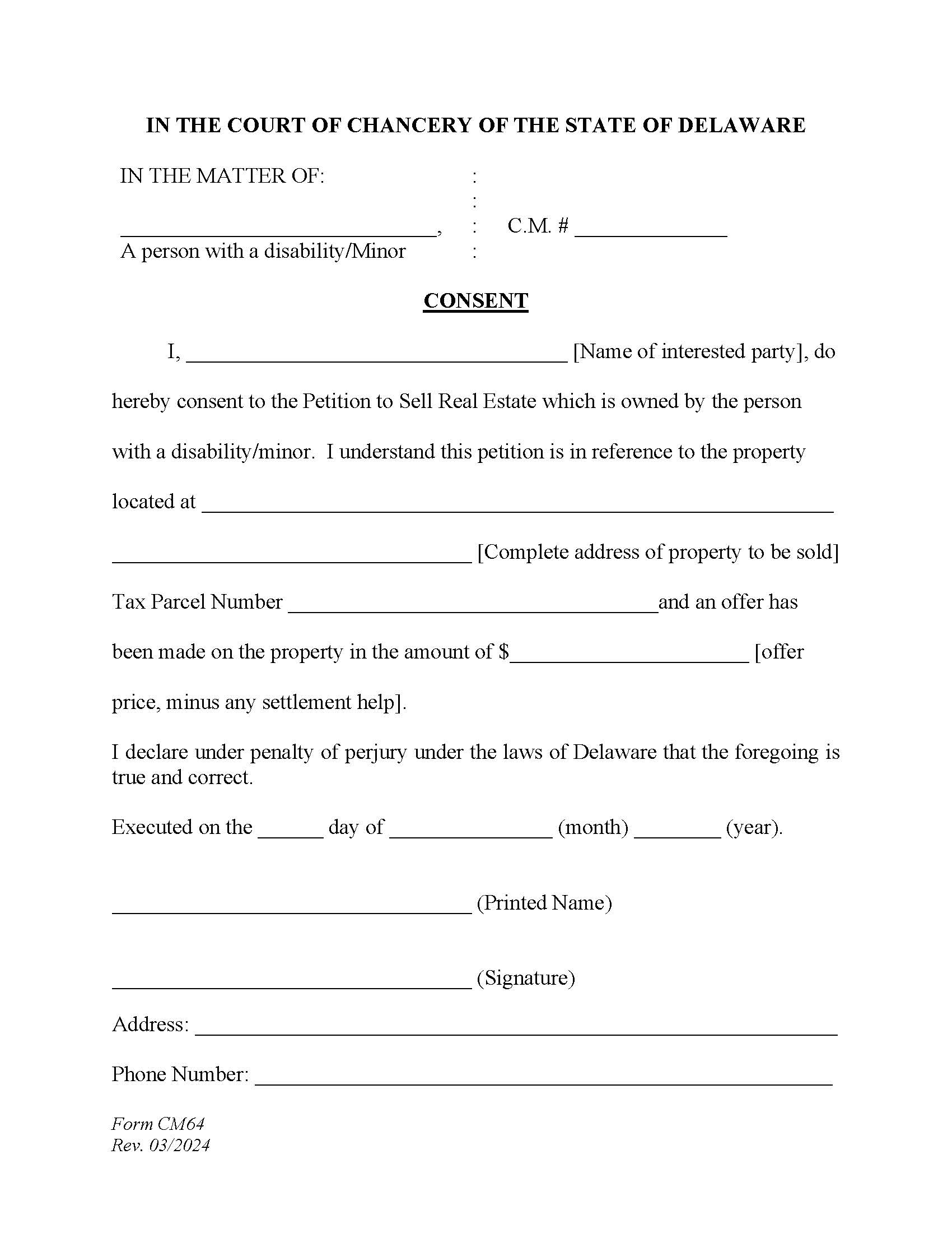 Consent To Petition To Sell Real Estate {CM64} | Pdf Fpdf Docx | Delaware