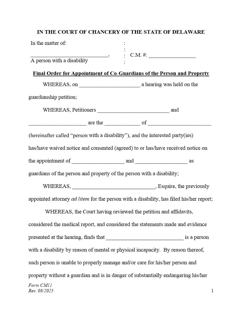 Final Order Co-Guardians Of The Person And Property {CM11} | Pdf Fpdf Docx | Delaware