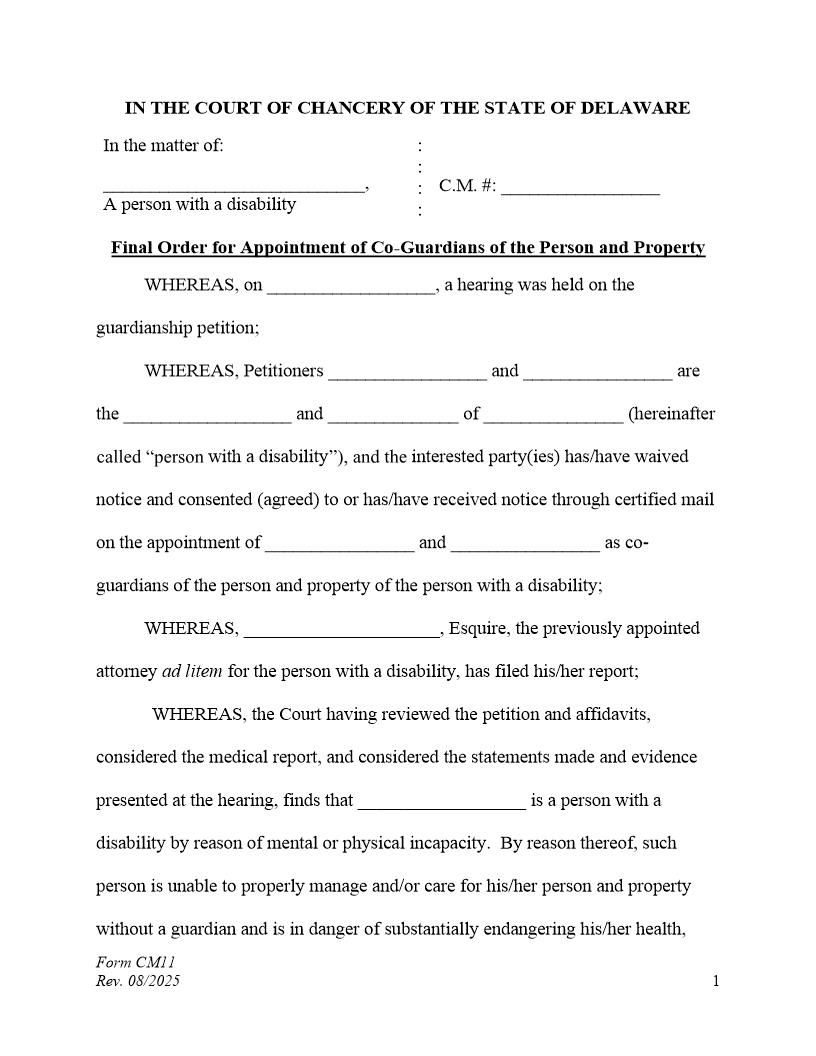 Final Order Co-Guardians Of The Person And Property (Accountings Waived) {CM11} | Pdf Fpdf Docx | Delaware