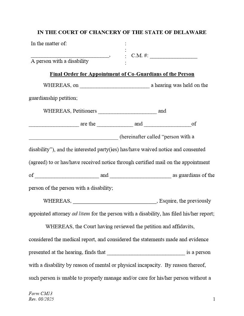 Final Order Co-Guardians Of The Person Only {CM13} | Pdf Fpdf Docx | Delaware