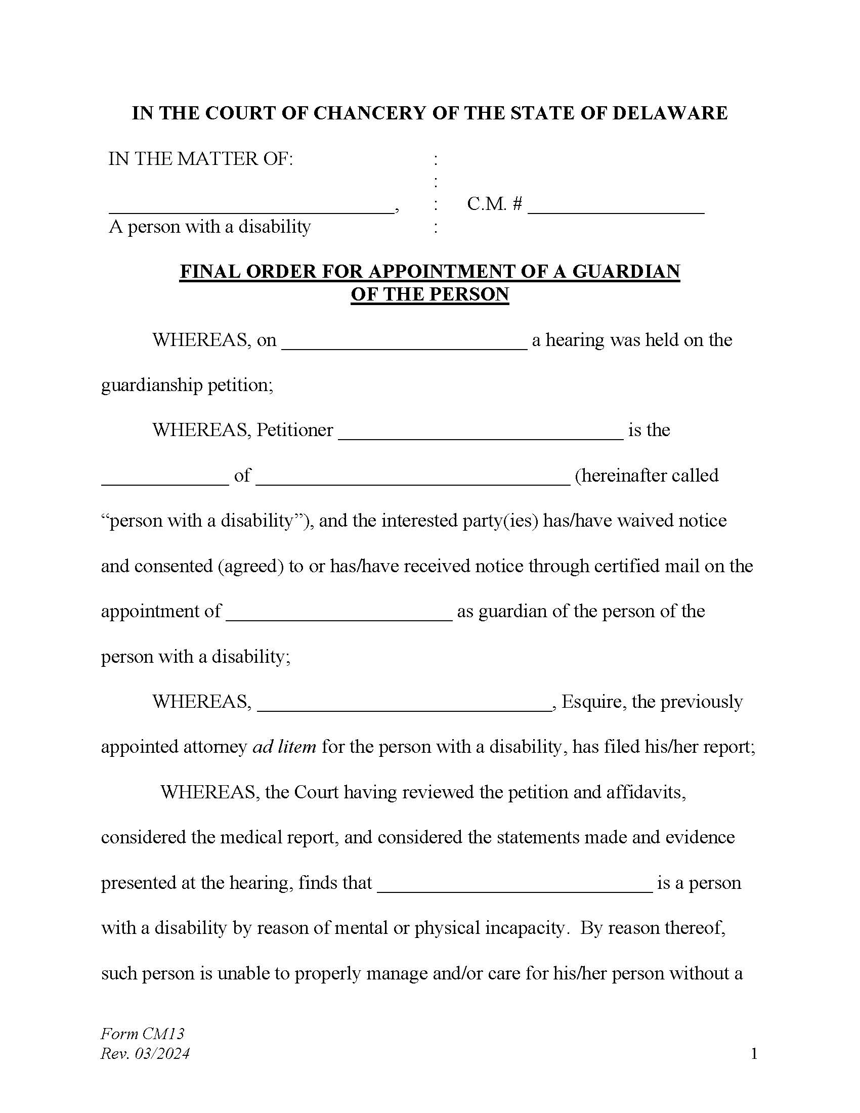 Final Order For Appointment Of A Guardian Of The Person {CM13} | Pdf Fpdf Docx | Delaware