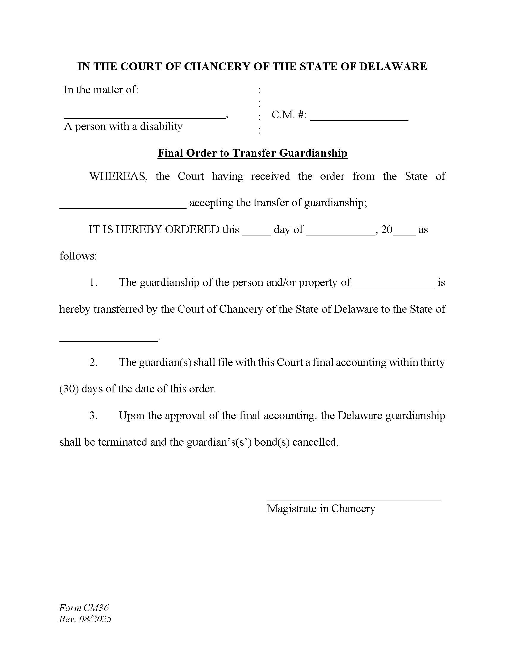 Final Order To Transfer Guardianship From The State (Final Accounting Required) {CM36} | Pdf Fpdf Docx | Delaware