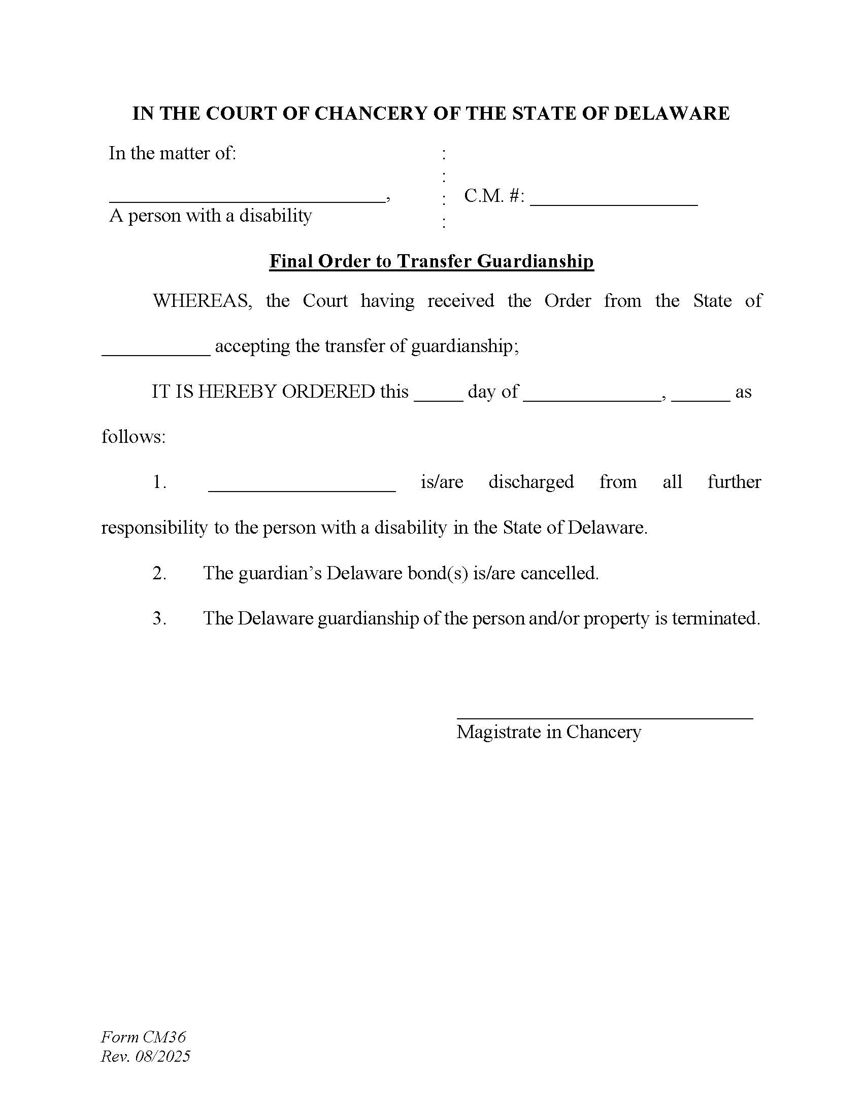 Final Order To Transfer Guardianship From The State Of Delaware (Accounting Waived) {CM36} | Pdf Fpdf Docx | Delaware