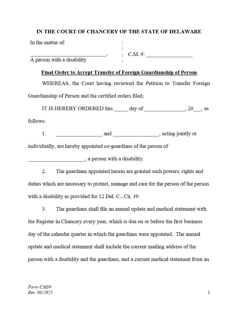 Final Order To Transfer Guardianship Of The Person Only (Co-Guardians) {CM39} | Pdf Fpdf Docx | Delaware