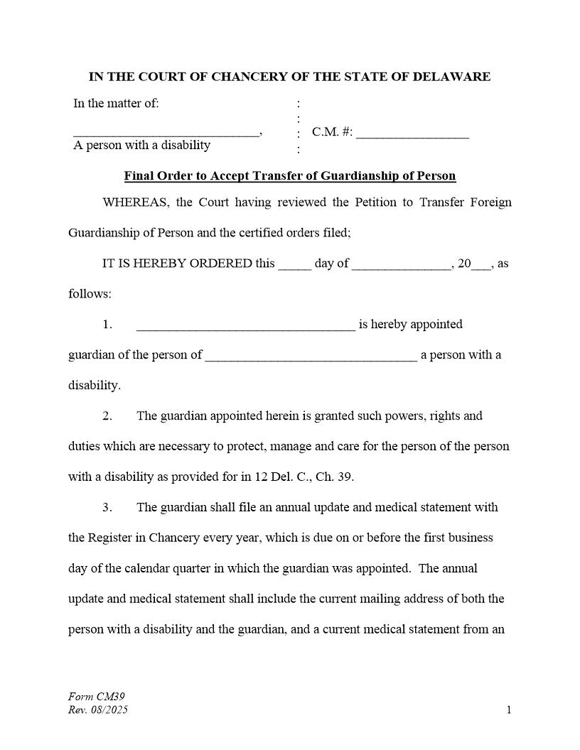 Final Order To Transfer Guardianship Of The Person Only To The State Of DE {CM39} | Pdf Fpdf Docx | Delaware