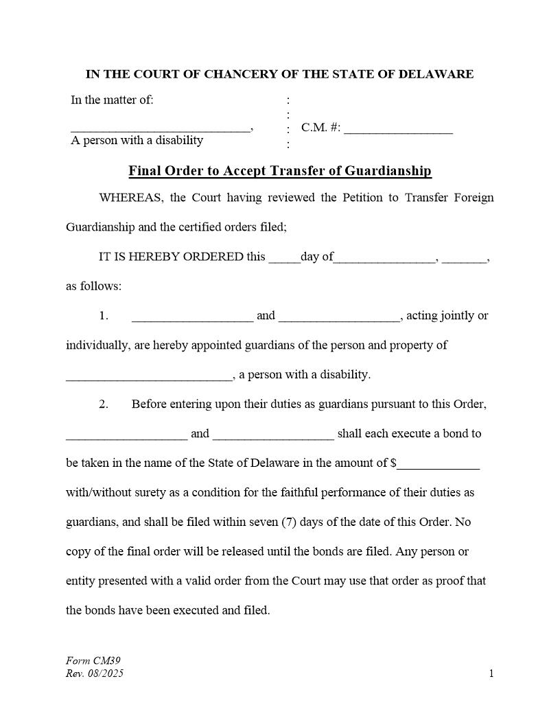 Final Order To Transfer Guardianship To The State (Accountings Required) Co-Guardians {CM39} | Pdf Fpdf Docx | Delaware