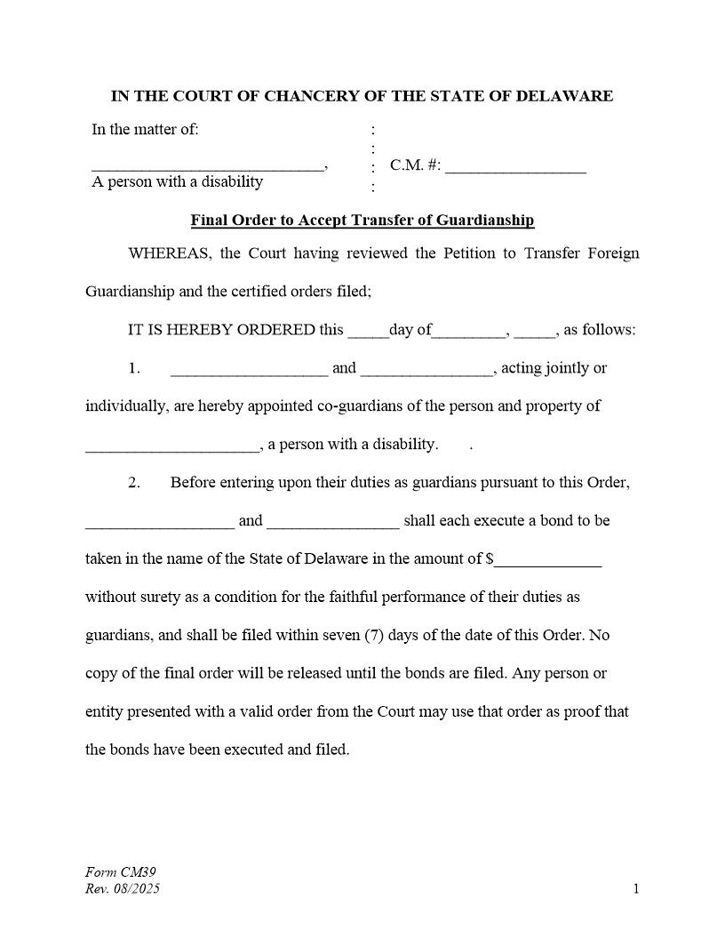 Final Order To Transfer Guardianship To The State (Accountings Waived) Co-Guardians {CM39} | Pdf Fpdf Docx | Delaware
