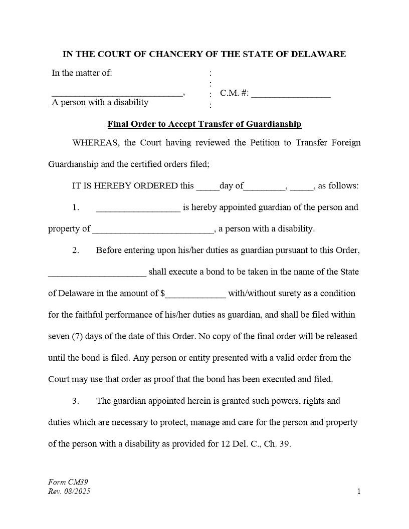 Final Order To Transfer Guardianship To The State Of DE (Accountings Waived) {CM39} | Pdf Fpdf Docx | Delaware