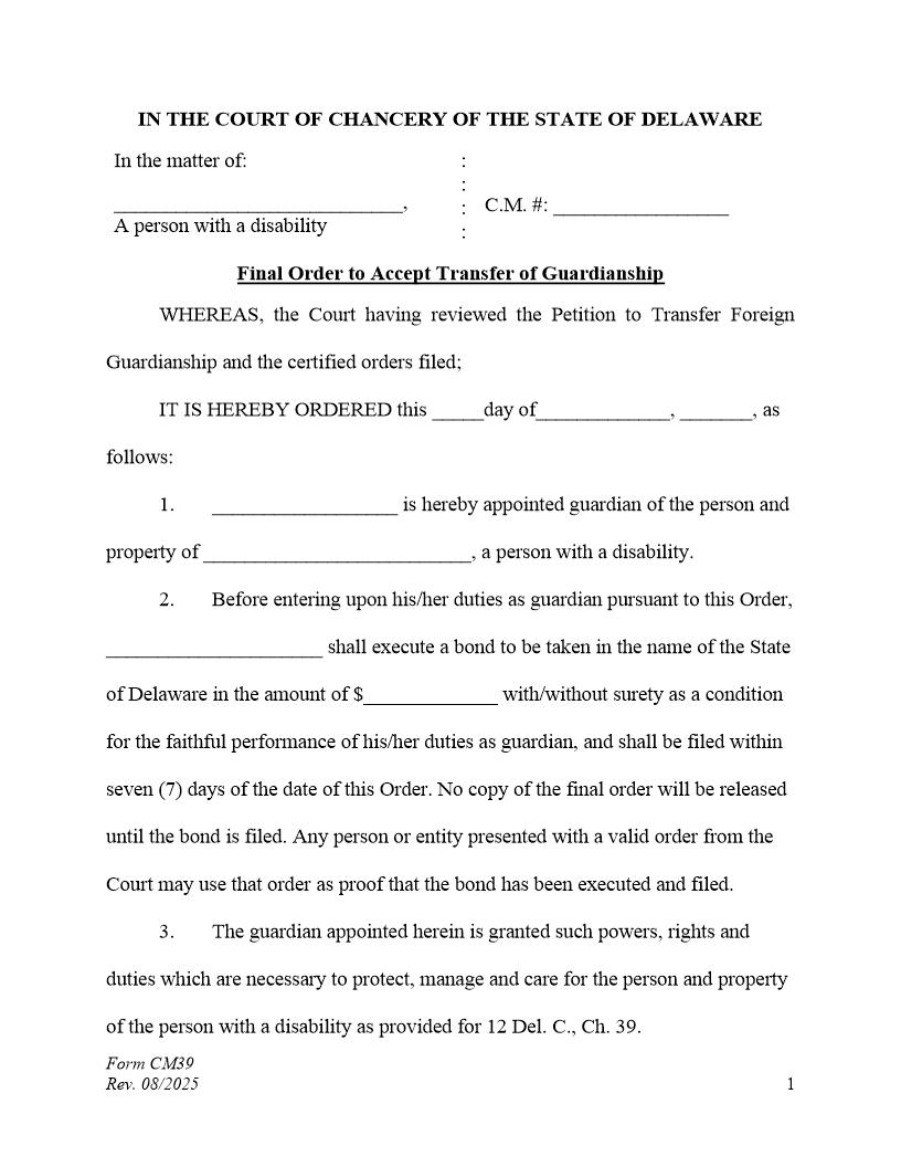 Final Order To Transfer Guardianship To The State Of Delaware (Accountings Required) {CM39} | Pdf Fpdf Docx | Delaware