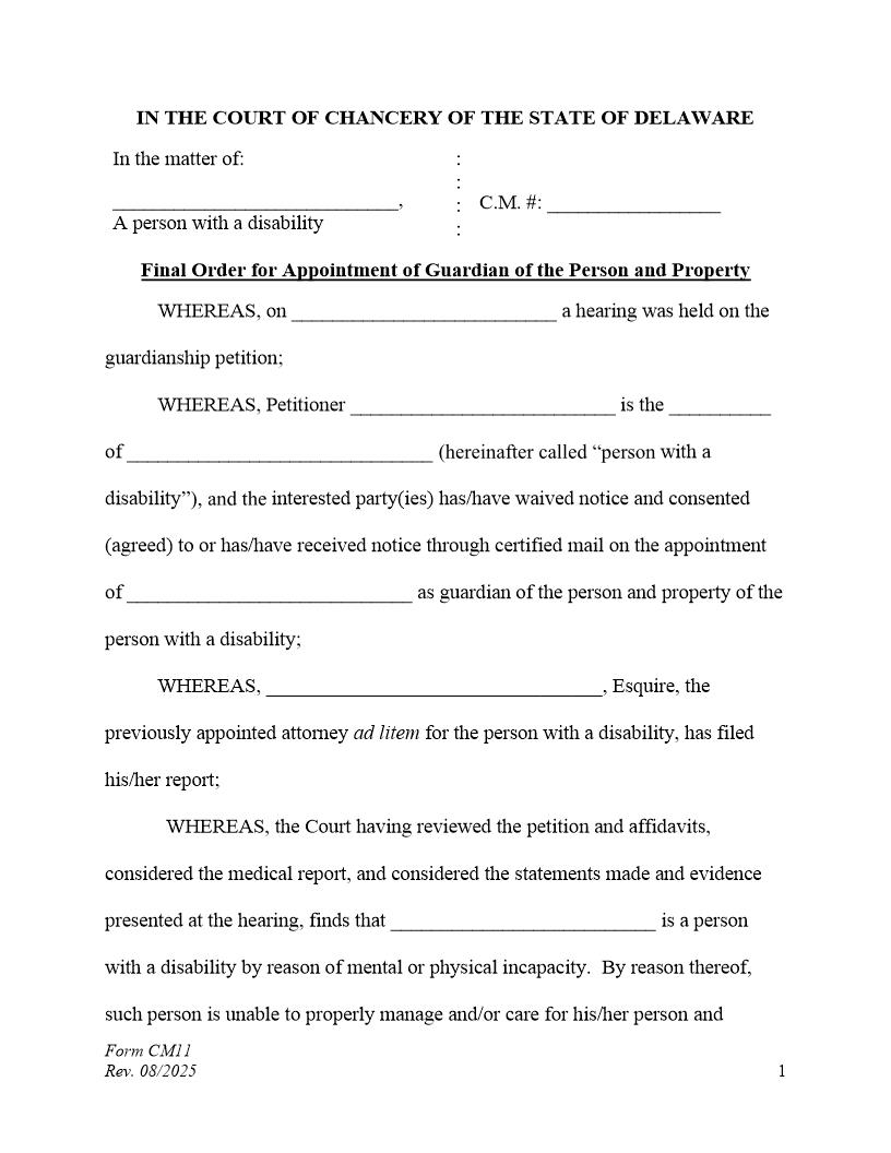 Final Order-Guardian Of The Person And Property (Accountings Waived) {CM11} | Pdf Fpdf Docx | Delaware