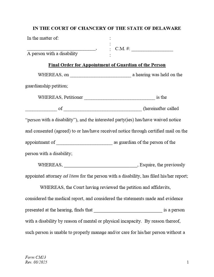 Final Order-Guardian Of The Person Only {CM13} | Pdf Fpdf Docx | Delaware