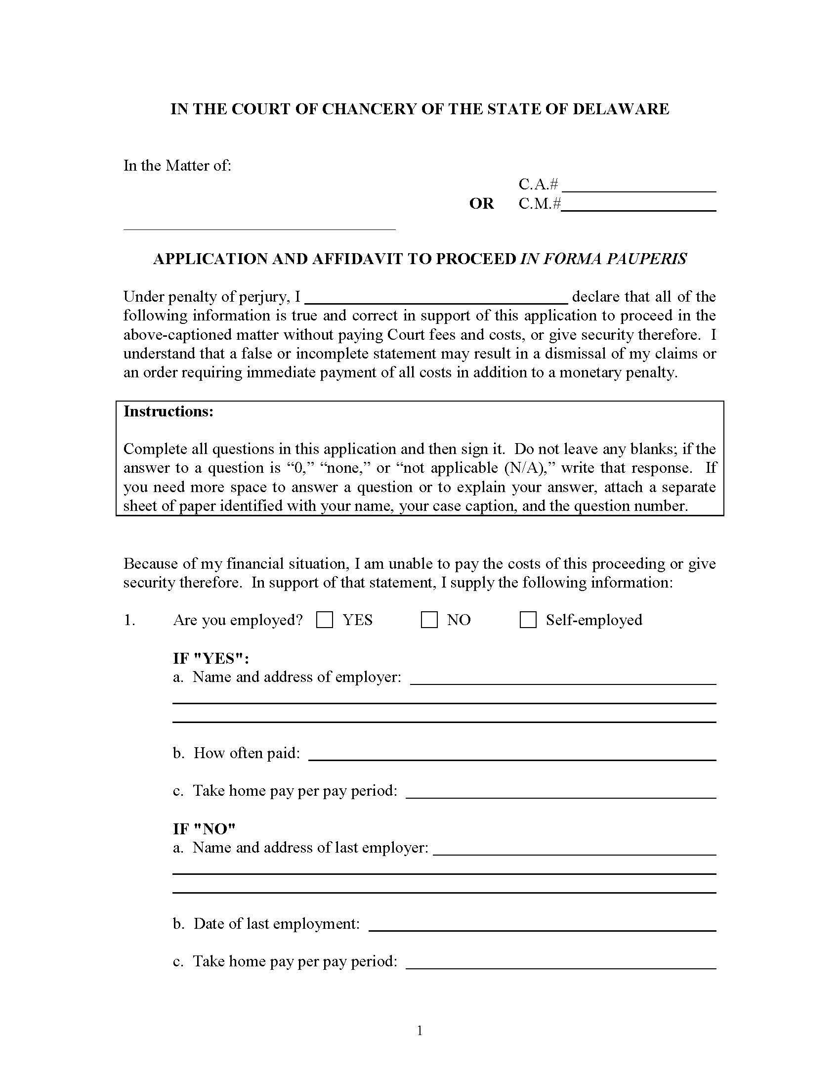 In Forma Pauperis (Application And Affidavit To Proceed In Forma Pauperis) | Pdf Fpdf Doc Docx | Delaware