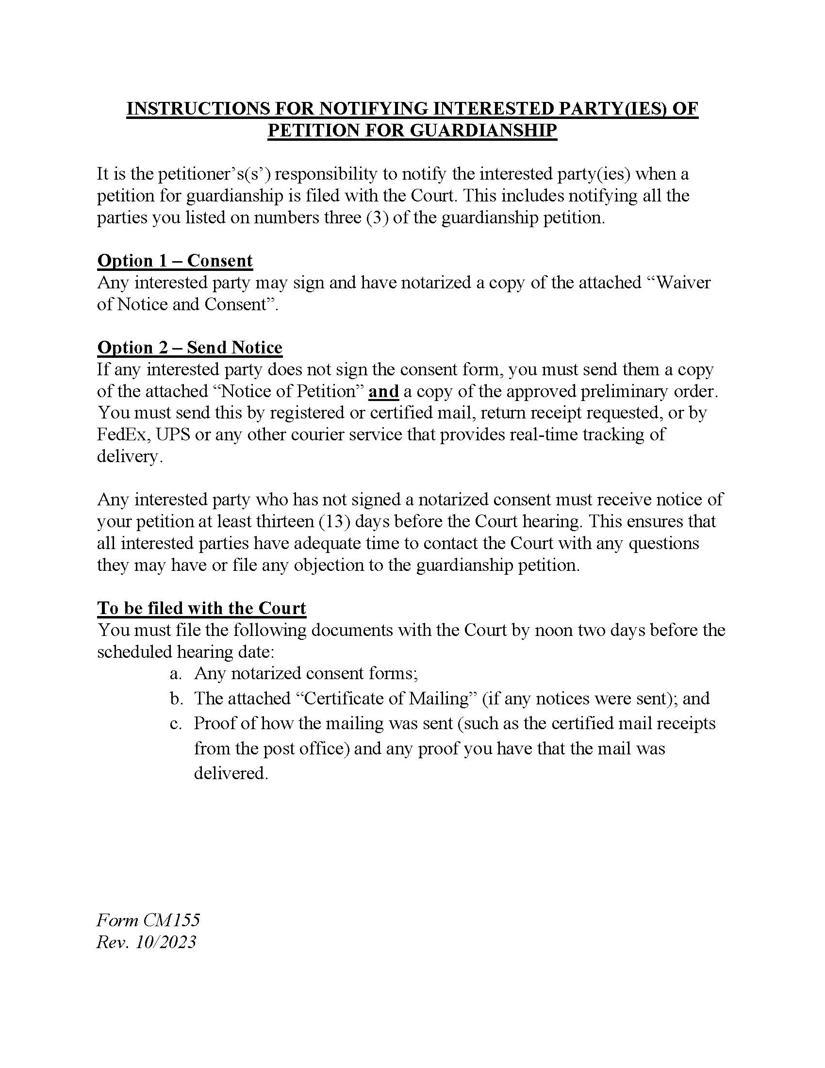 Instruction Packet On Sending Notice (After Preliminary Order Signed) {CM155} | Pdf Fpdf Docx | Delaware