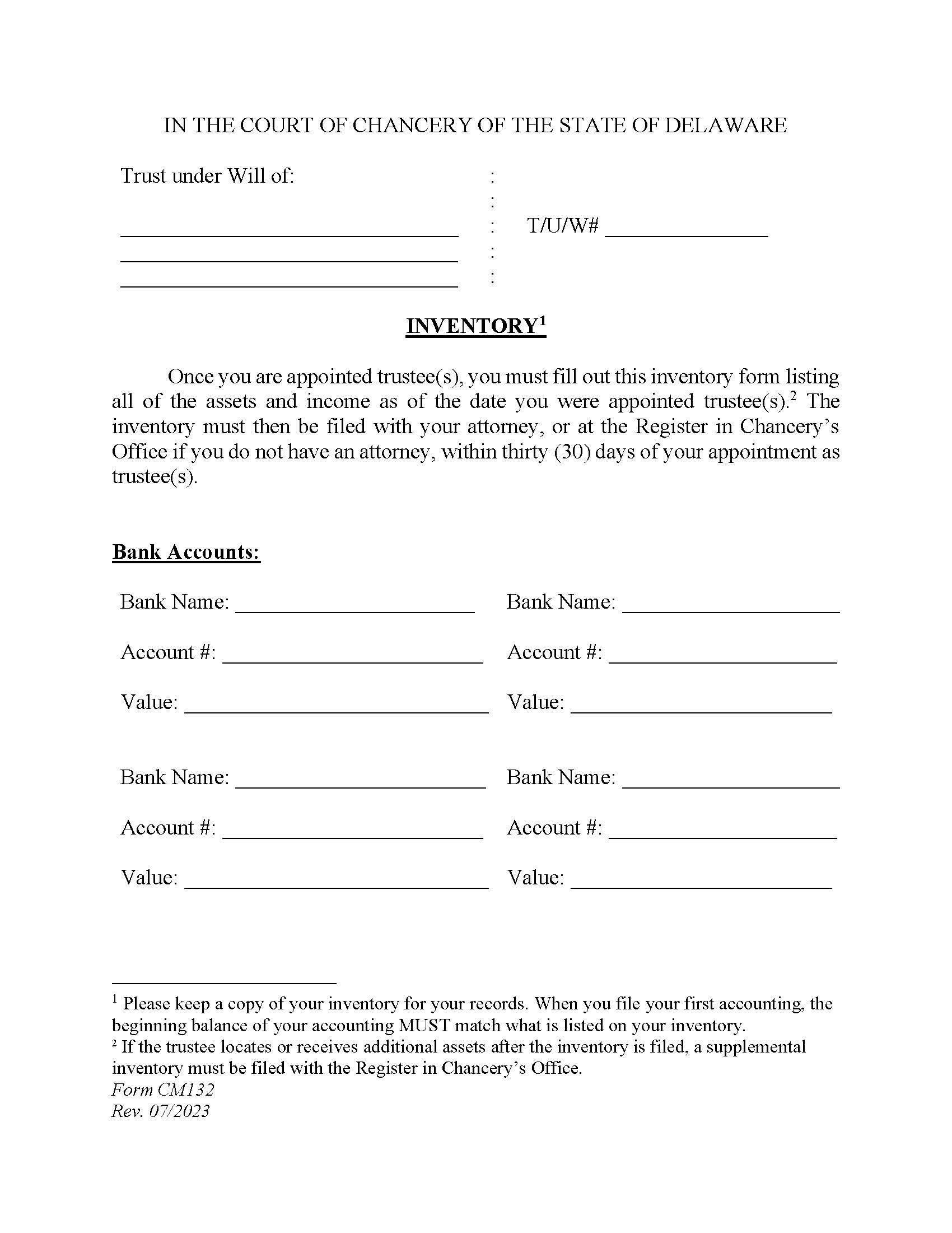 Inventory For Trust Under Will (T-U-W) {CM132} | Pdf Fpdf Docx | Delaware