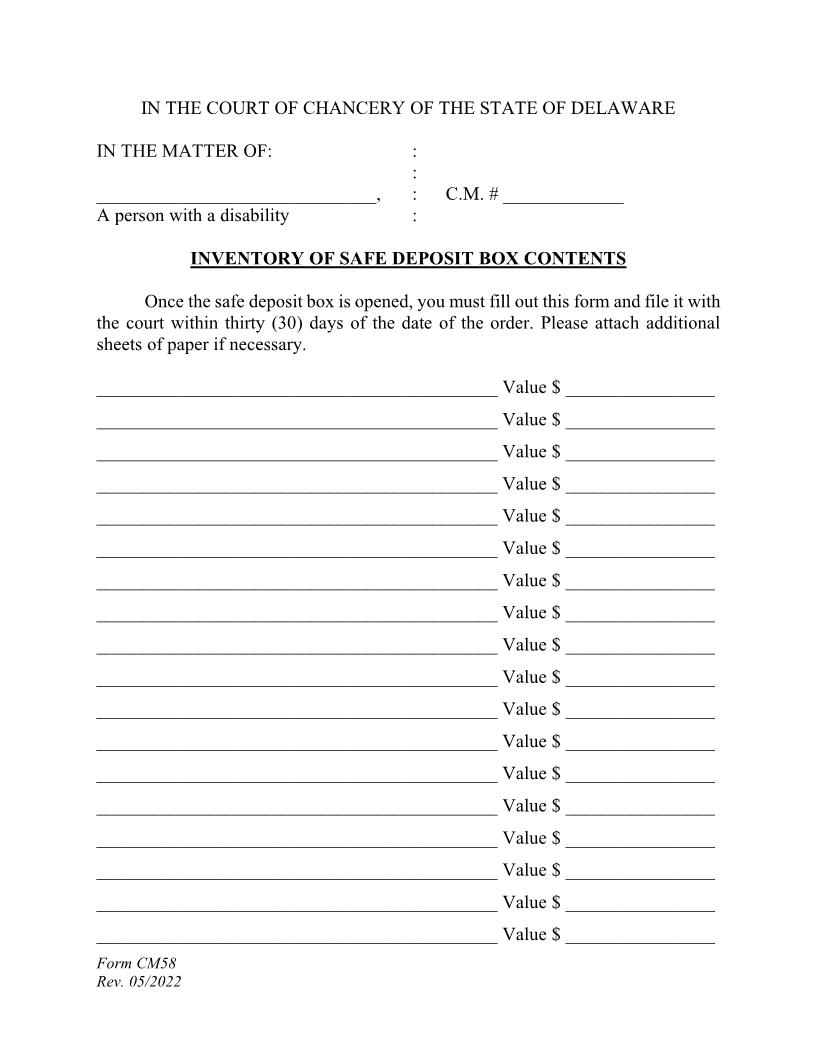 Inventory Of Safe Deposit Box Contents {CM58} | Pdf Fpdf Docx | Delaware