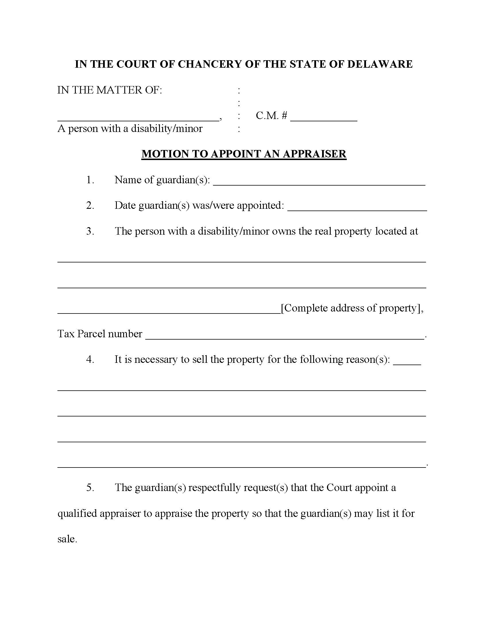 Motion To Appoint Appraiser {CM61} | Pdf Fpdf Docx | Delaware