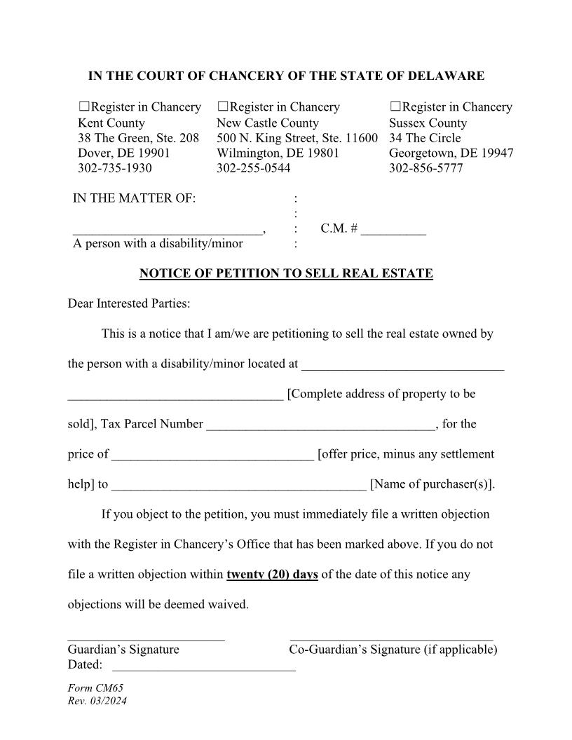 Notice Of Petition To Sell Real Estate {CM65} | Pdf Fpdf Docx | Delaware