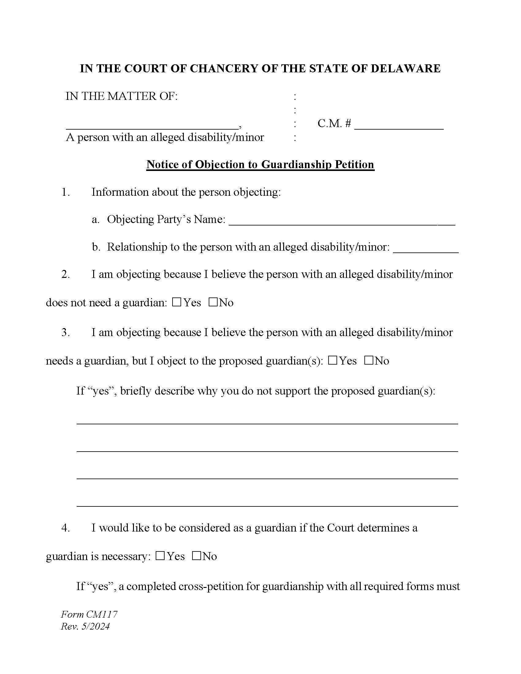 Objection To Guardianship Petition {CM117} | Pdf Fpdf Docx | Delaware