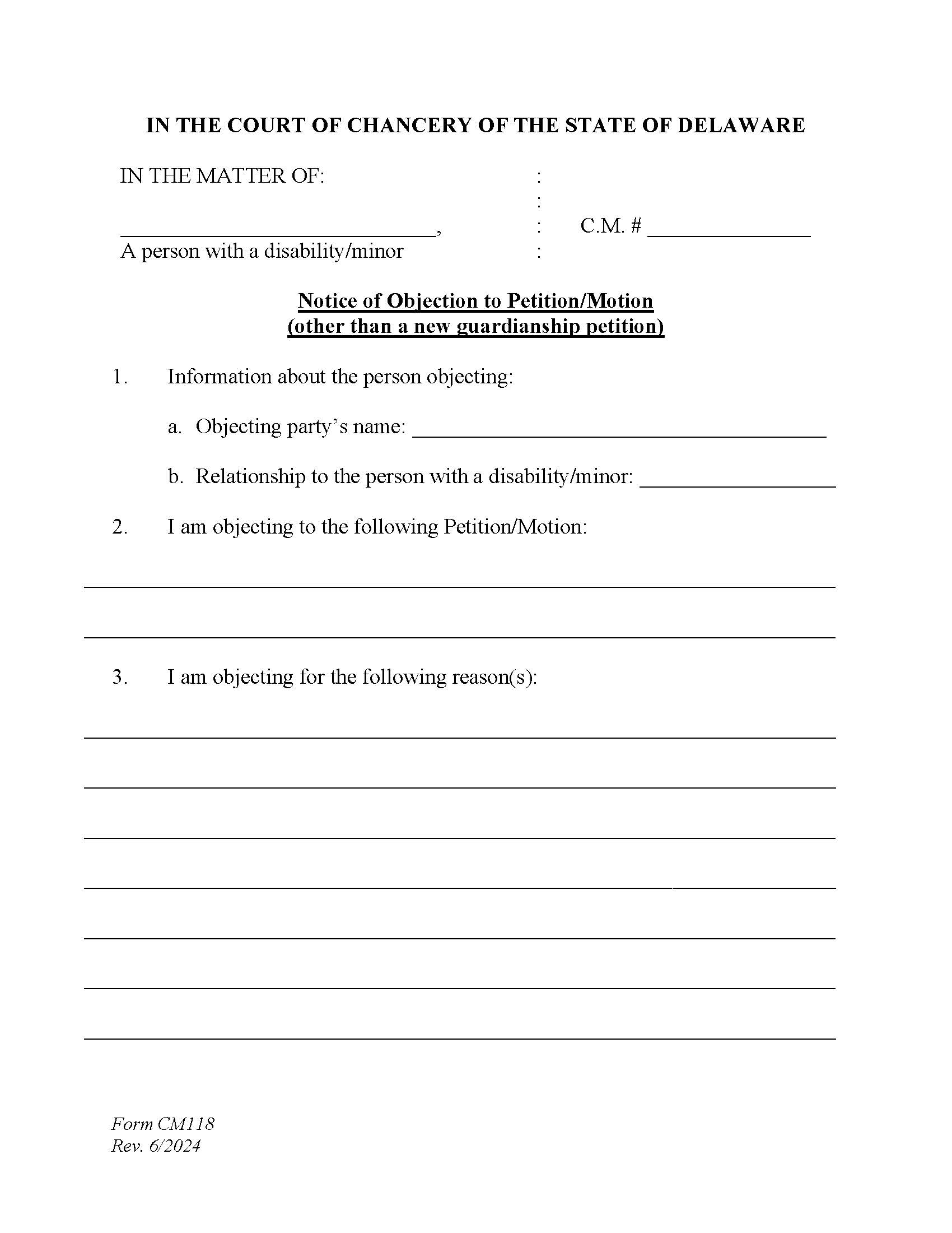 Objection To Guardianship Petition Or Motion (Other Than A New Case) {CM118} | Pdf Fpdf Docx | Delaware
