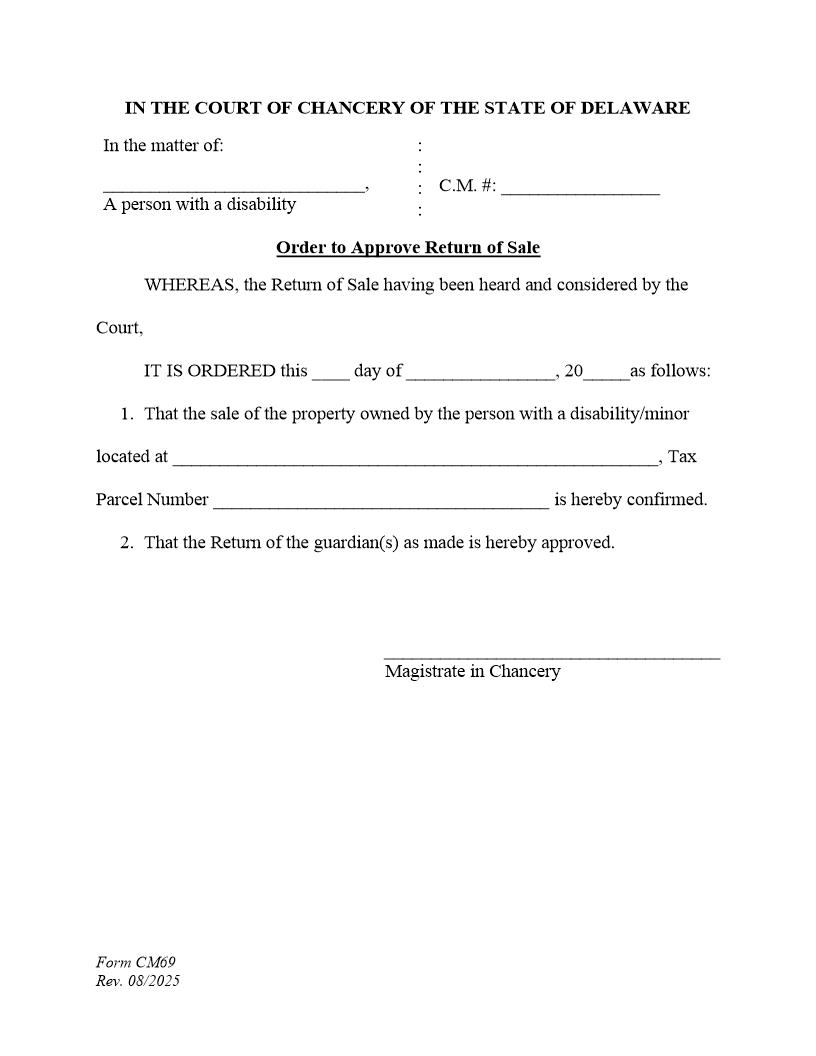 Order For Return Of Sale (Sale Of Real Estate) {CM69} | Pdf Fpdf Docx | Delaware