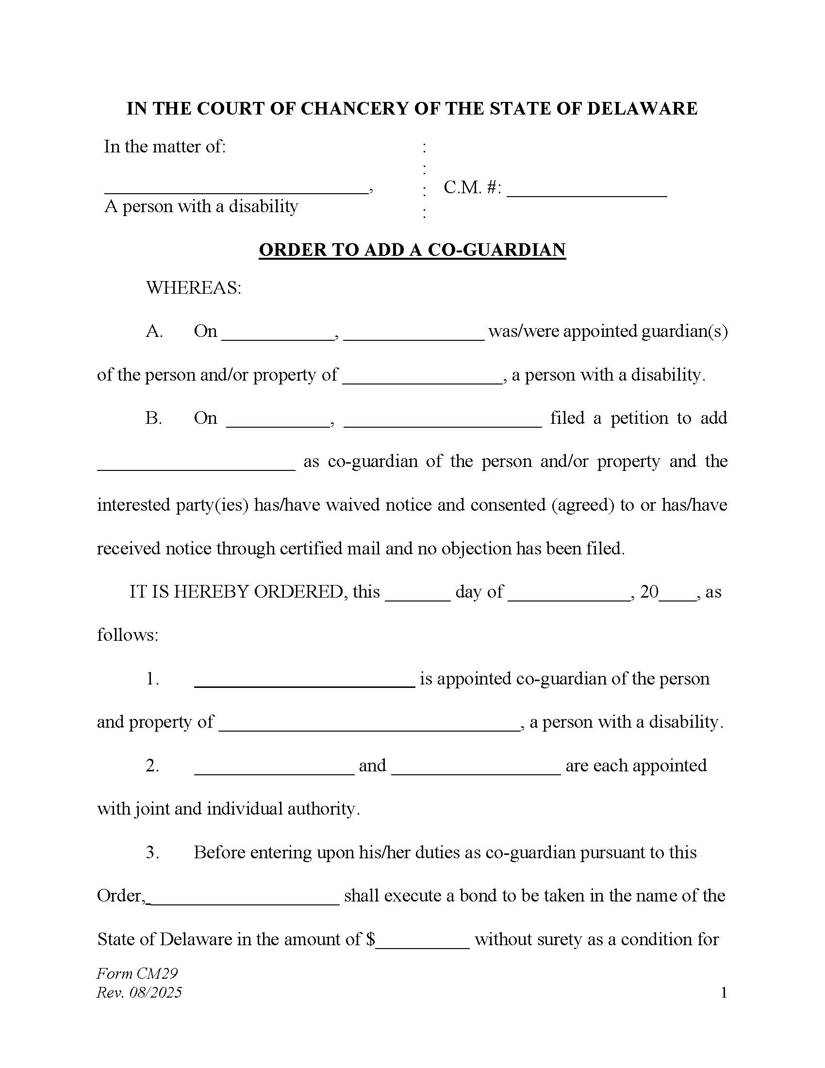 Order To Add A Co-Guardian (Accountings Required) {CM29} | Pdf Fpdf Docx | Delaware