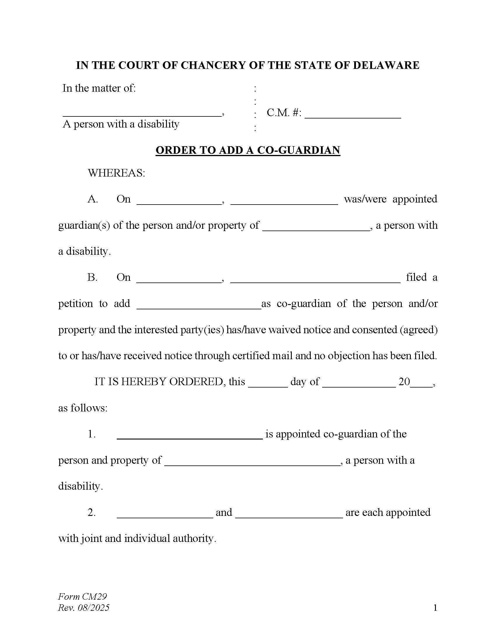 Order To Add A Co-Guardian (Accountings Waived) {CM29} | Pdf Fpdf Docx | Delaware