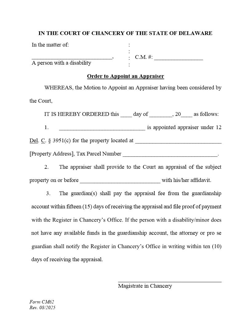 Order To Appoint Appraiser {CM62} | Pdf Fpdf Docx | Delaware