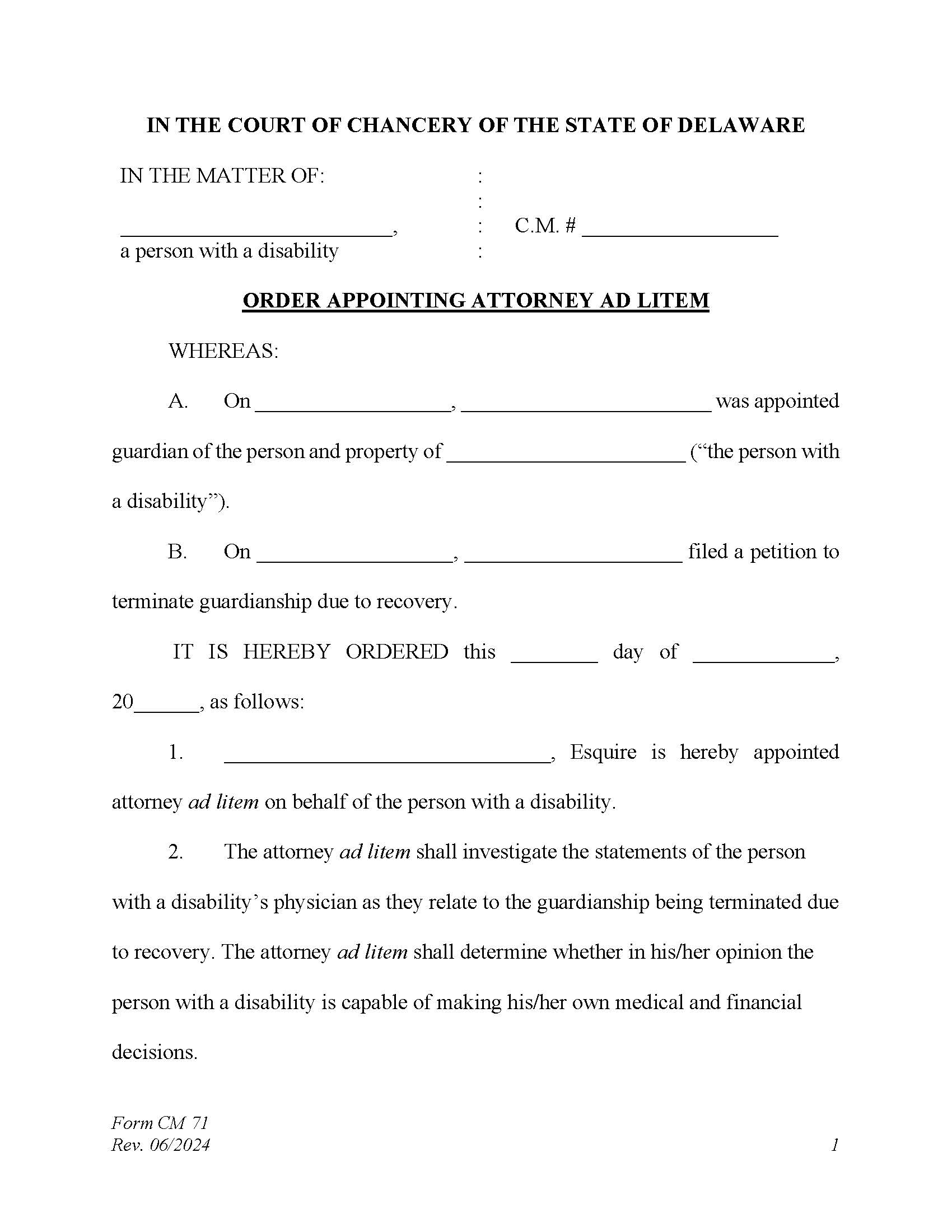 Order To Appoint Attorney Ad Litem For Petition To Terminate-Recovery {CM71} | Pdf Fpdf Docx | Delaware