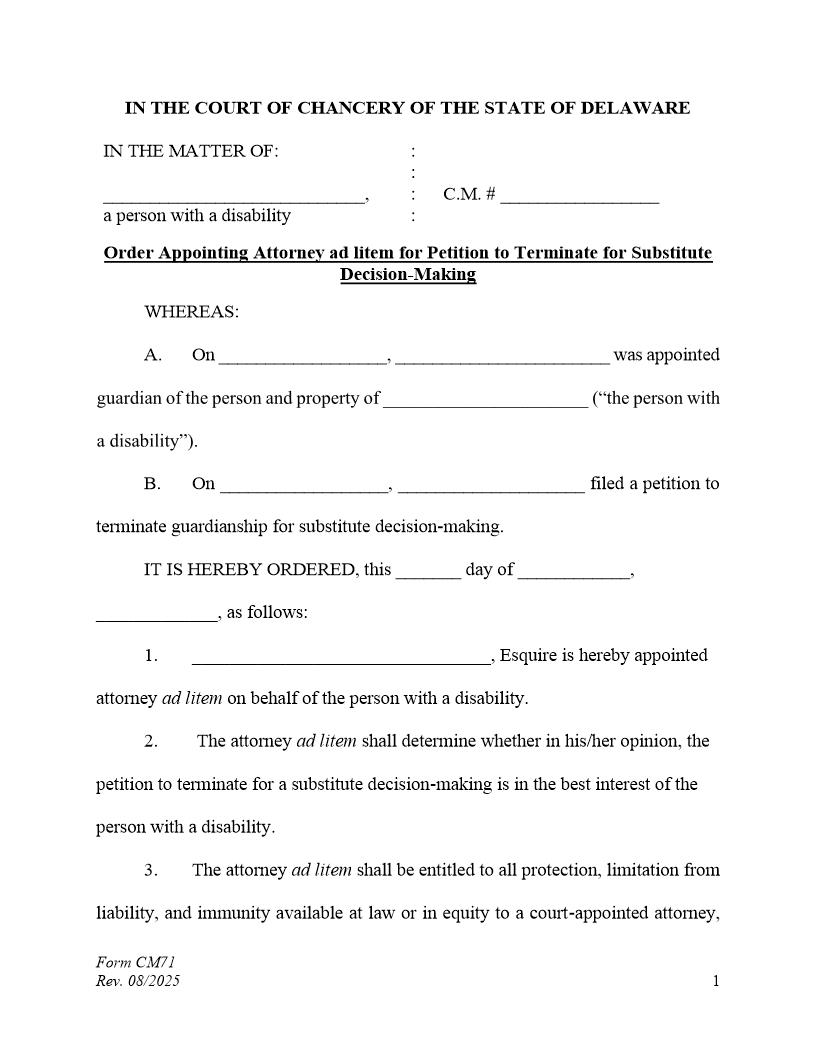 Order To Appoint Attorney Ad Litem For Petition To Terminate-Substitute Decision Making {CM71} | Pdf Fpdf Docx | Delaware
