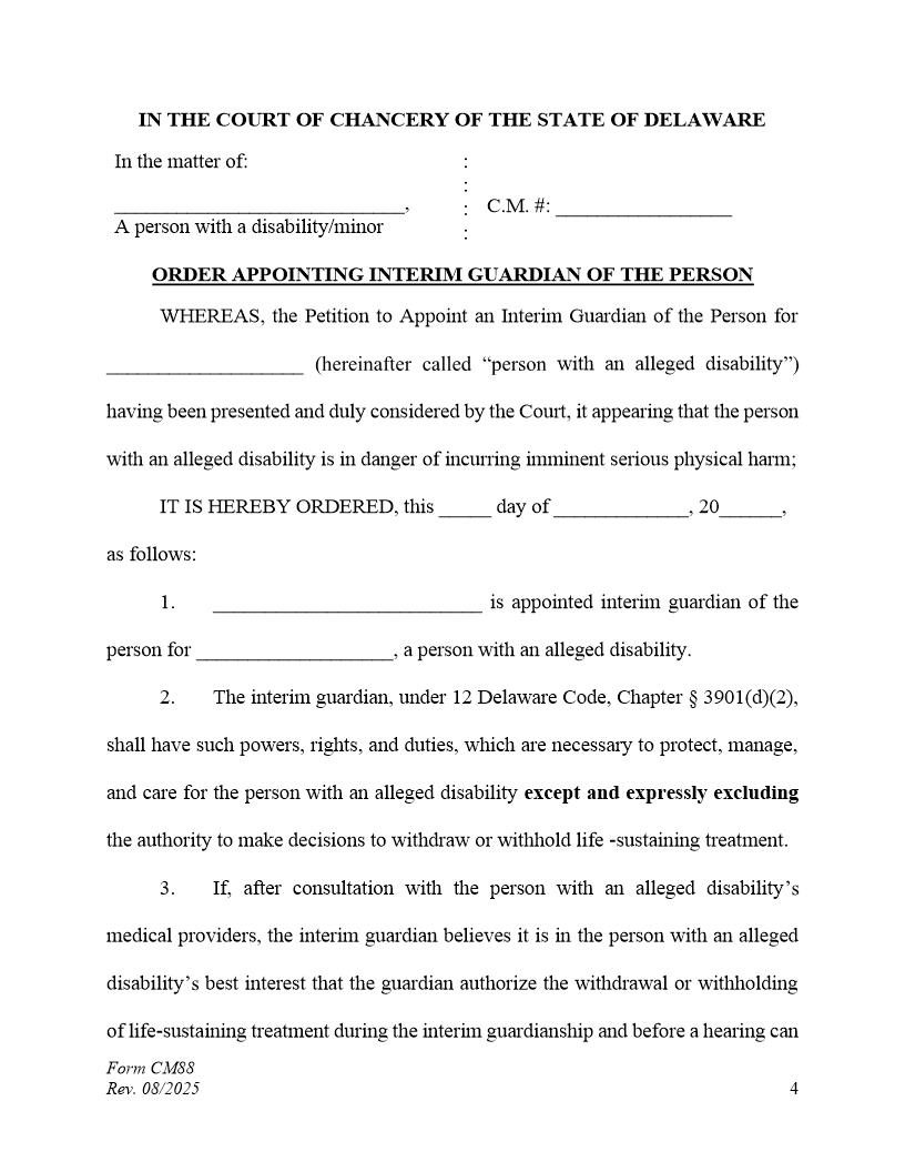 Order To Appoint Interim Guardian Of The Person (No Authority To Change Code Status) {CM88} | Pdf Fpdf Docx | Delaware