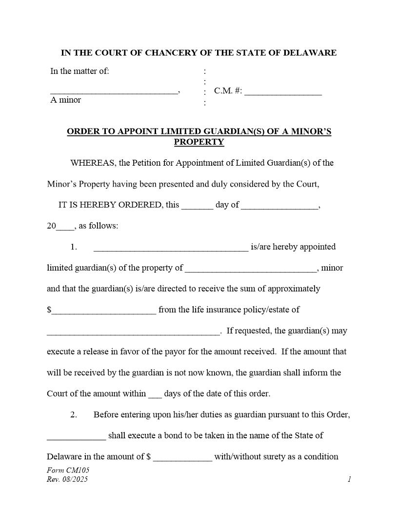 Order To Appoint Limited Guardian Of The Minors Property {CM105} | Pdf Fpdf Docx | Delaware