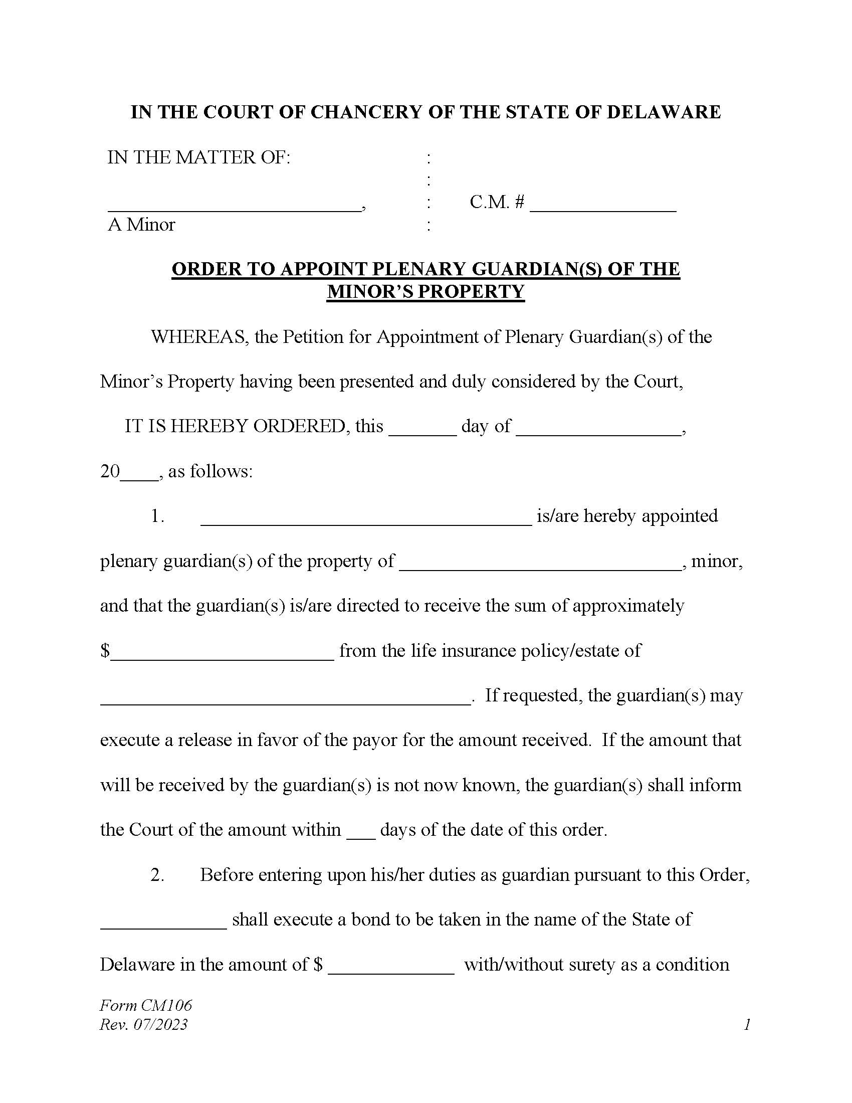 Order To Appoint Plenary Guardian Of The Minors Property {CM106} | Pdf Fpdf Docx | Delaware