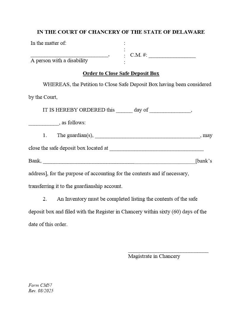 Order To Close Safe Deposit Box {CM57} | Pdf Fpdf Docx | Delaware