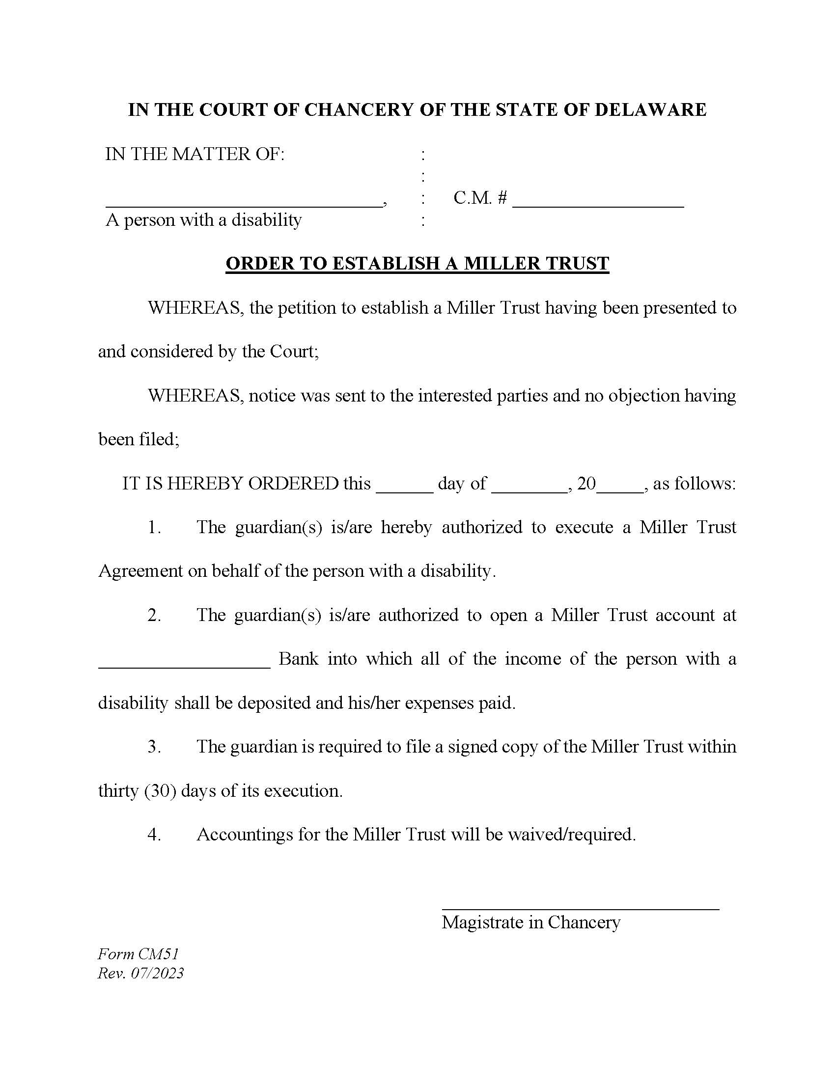 Order To Establish Miller Trust {CM51} | Pdf Fpdf Docx | Delaware