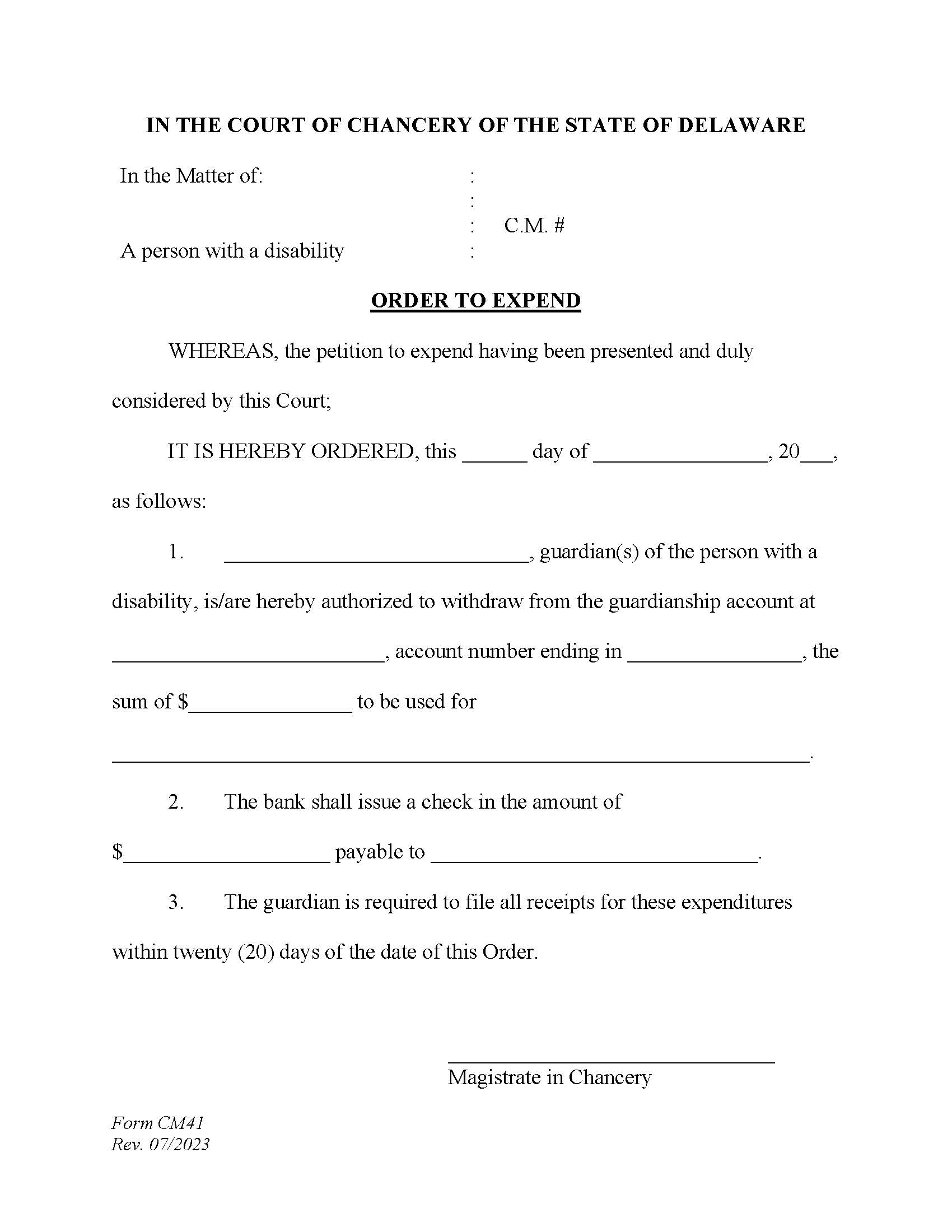 Order To Expend For A Person With A Disability {CM41} | Pdf Fpdf Docx | Delaware