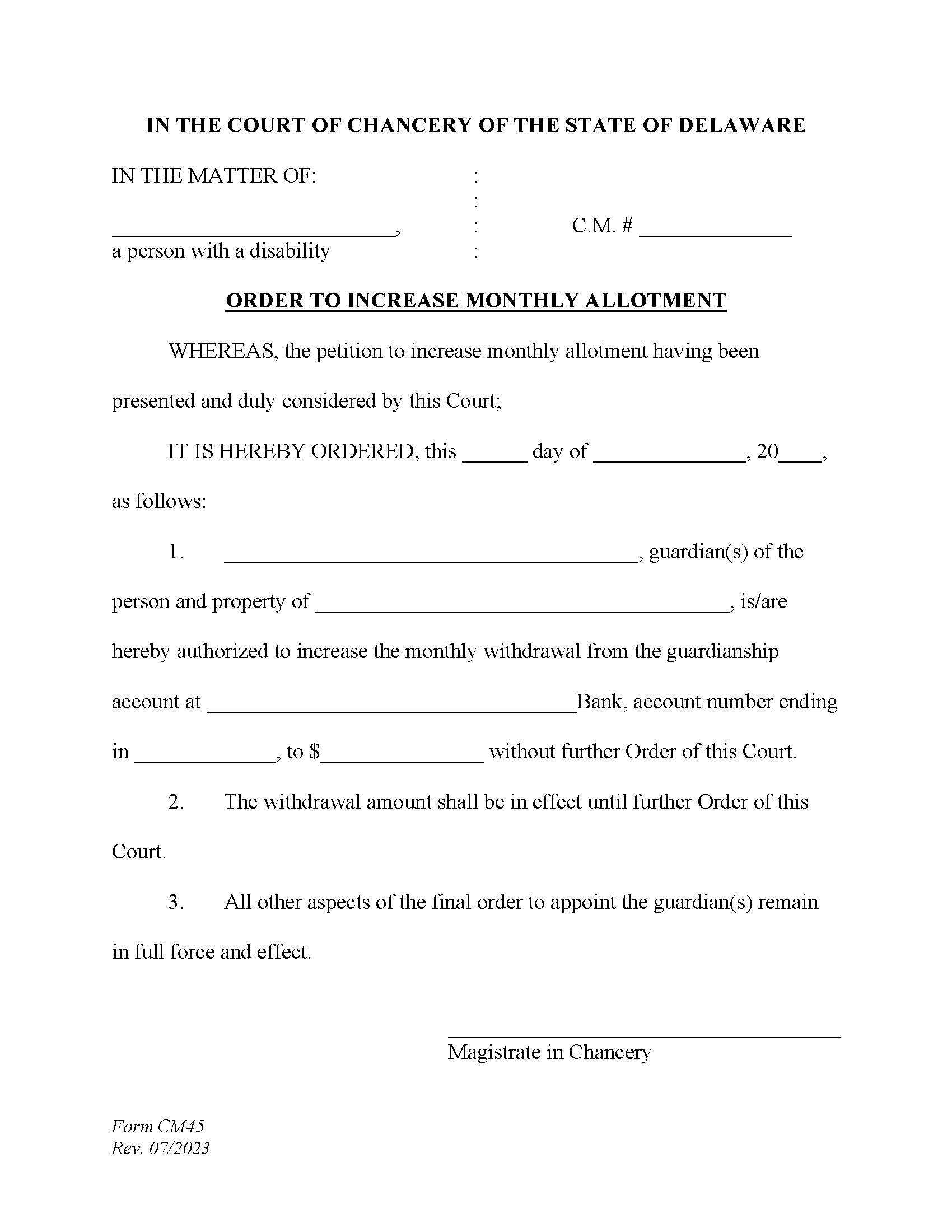 Order To Increase Monthly Allotment {CM45} | Pdf Fpdf Docx | Delaware