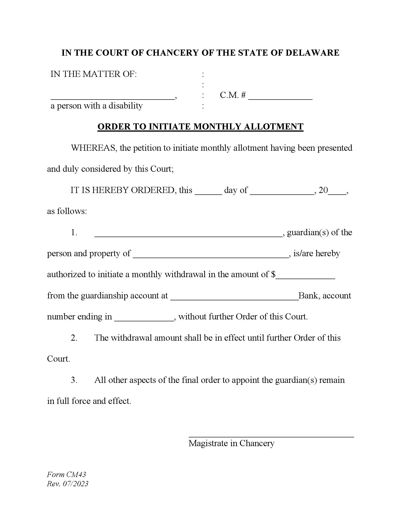 Order To Initiate Monthly Allotment {CM43} | Pdf Fpdf Docx | Delaware