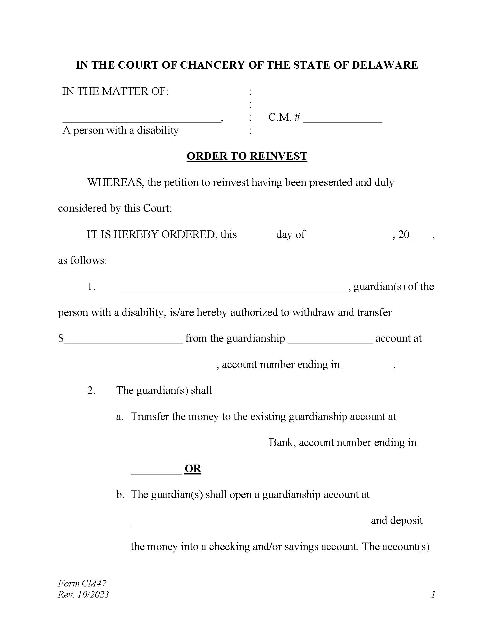 Order To Reinvest Funds {CM47} | Pdf Fpdf Docx | Delaware