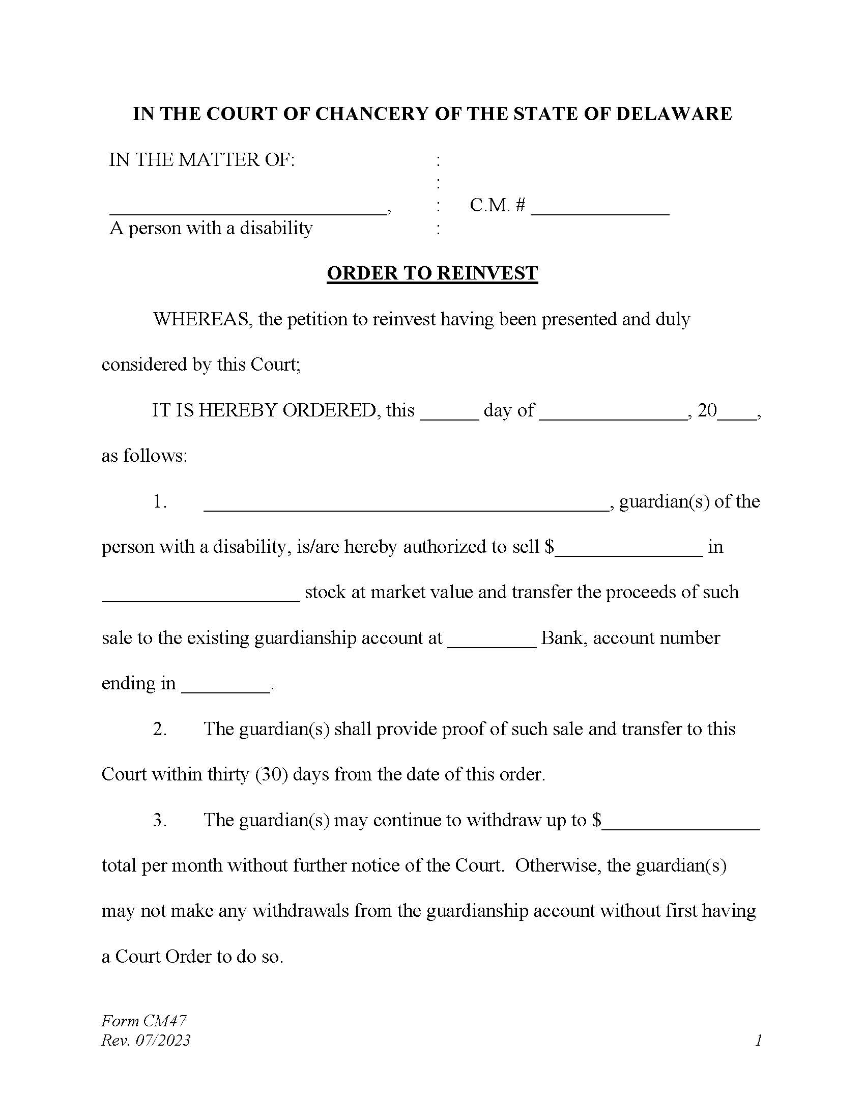 Order To Reinvest Funds (Stock) {CM47} | Pdf Fpdf Docx | Delaware