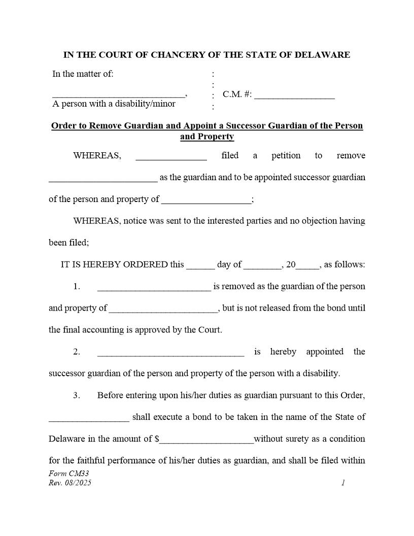 Order To Remove Guardian And Appoint Successor Guardian (Accountings Due) {CM33} | Pdf Fpdf Docx | Delaware