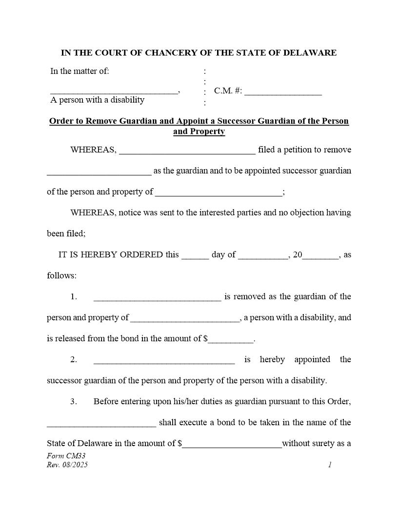 Order To Remove Guardian And Appoint Successor Guardian (Accountings Waived) {CM33} | Pdf Fpdf Docx | Delaware