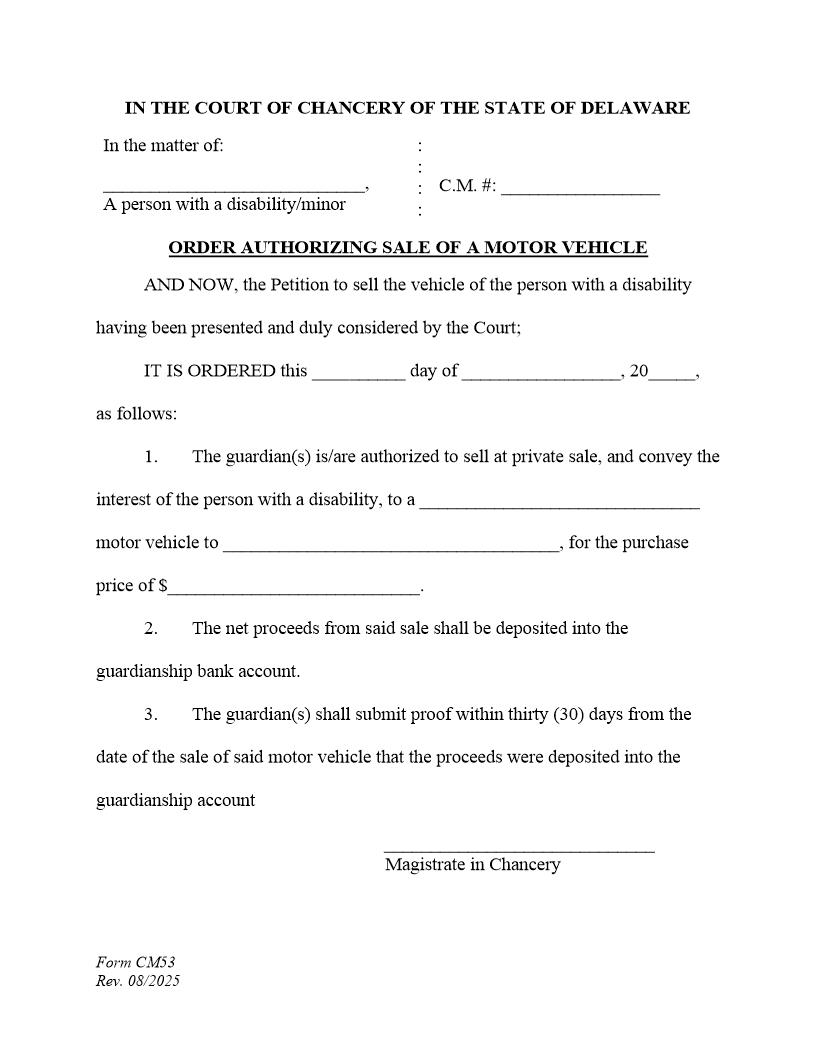 Order To Sell Motor Vehicle {CM53} | Pdf Fpdf Docx | Delaware