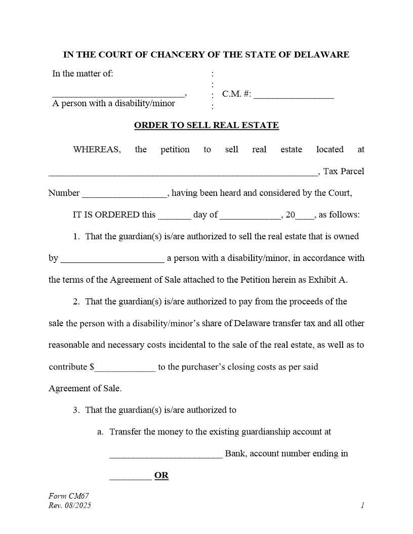 Order To Sell Real Estate {CM67} | Pdf Fpdf Docx | Delaware